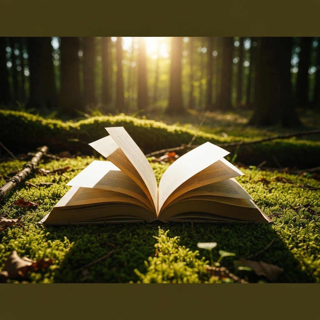 Символ на знание и природа — отворена книга на фона на слънчева гора