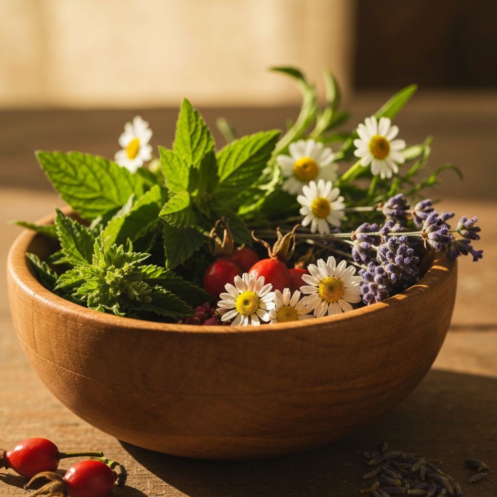 Макро снимка на пресни билки и натурални растителни съставки на дървена повърхност